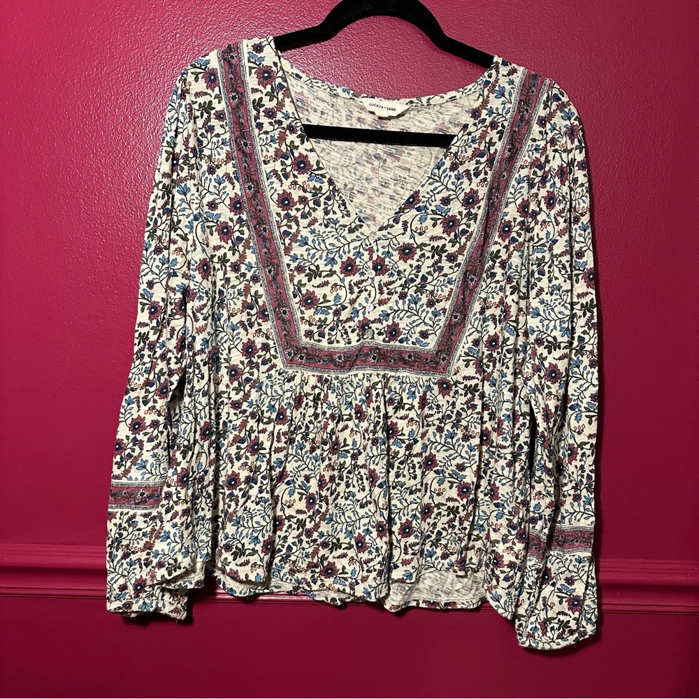 Lucky Brand Block Floral V-Neck Blouse